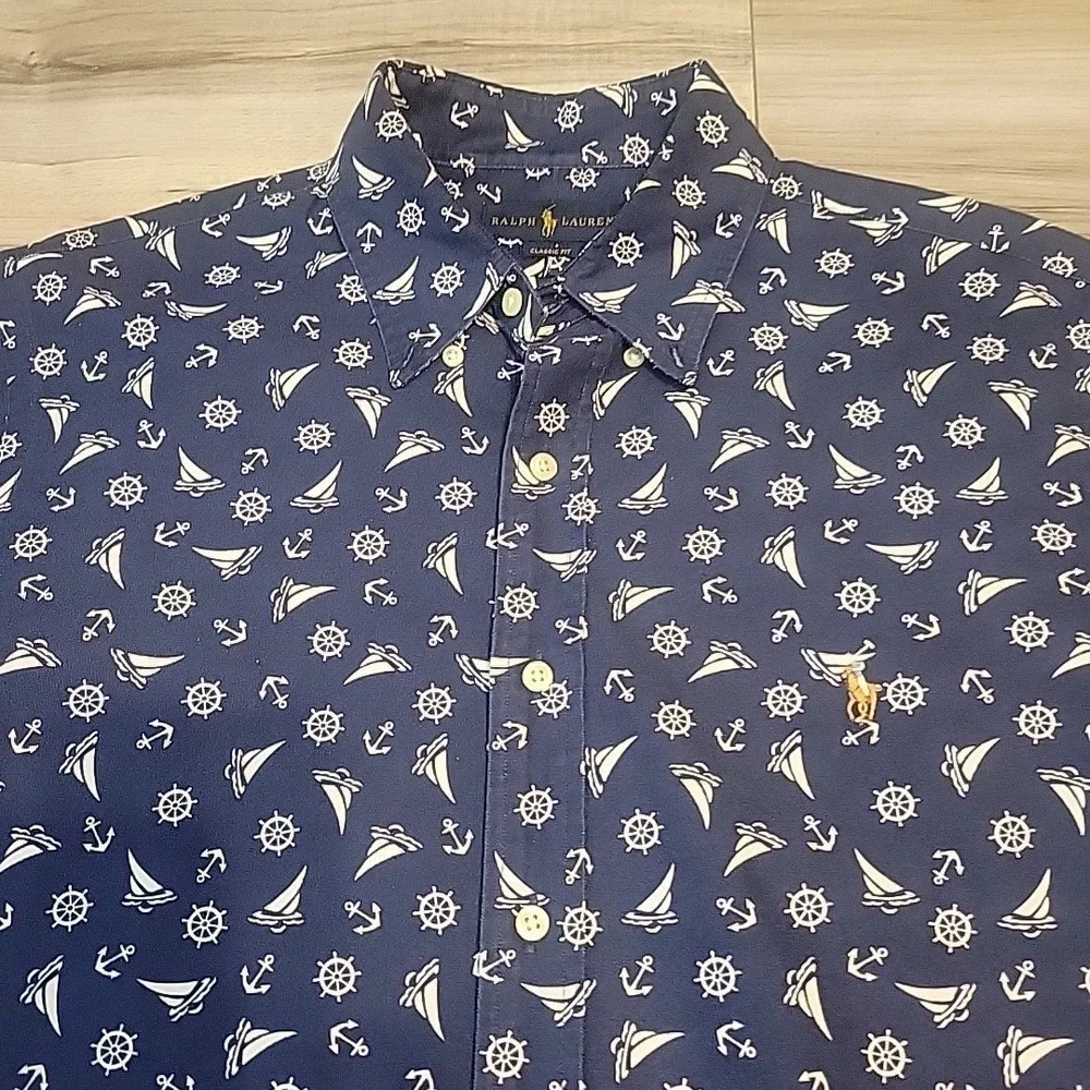 Polo Ralph Lauren Shirt Adult Large Blue Allover Print Boat Anchor‎ Flesh Pony